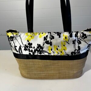 Floral Straw Tote Bag Yellow Black & White Purse Handbag Hobo Indie